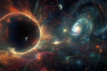 Wall Mural - A colorful space scene with a black hole in the center. The black hole is surrounded by a ring of stars and planets. The stars and planets are scattered throughout the scene