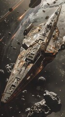 Wall Mural - A derelict spacecraft drifting through an asteroid field its hull battered and worn from years of space travel  AI generated illustration