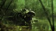 A fearsome crocodile emerging from the murky depths of a swamp its jaws gaping wide  AI generated illustration
