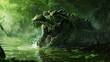 A fearsome crocodile emerging from the murky depths of a swamp its jaws gaping wide   AI generated illustration