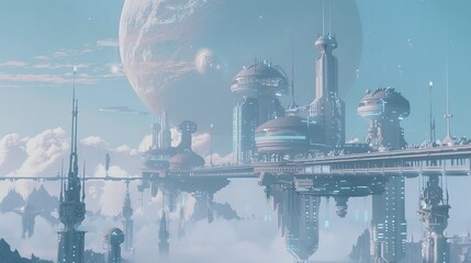 Wall Mural - A futuristic city suspended in the sky of a gas giant connected by towering bridges and walkways   AI generated illustration