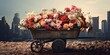 Vintage wheelbarrow filled with flowers in cityscape, concept of Retro charm