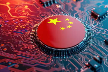 Poster - Chinese flag symbol on top of electronic circuit board for technology and innovation concept, 3D illustration
