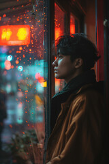 Wall Mural - A man is standing in front of a window with raindrops on it