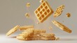 A pile of golden waffles  d style isolated flying objects memphis style d render   AI generated illustration