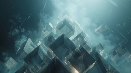 Wall Mural - A pyramid of translucent fractal cubes hanging motionless in the boundless expanse   AI generated illustration