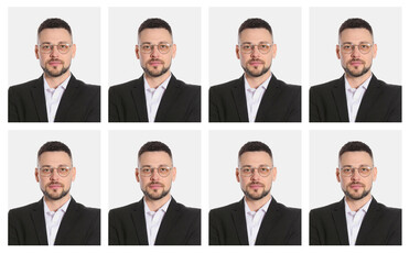 Sticker - Passport photo, collage. Man on white background, set of photos