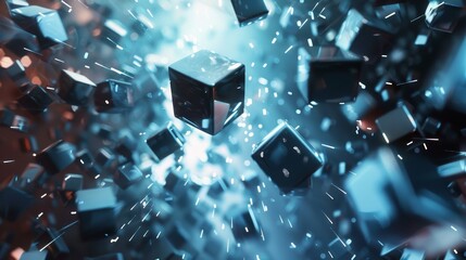 Poster - A series of rotating cubes drifting independently through space   AI generated illustration