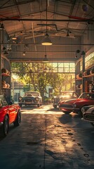 Wall Mural - A sunlit car garage with vintage cars   AI generated illustration