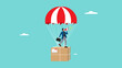 dropshipping business marketing strategy, promotion on the drop shipping business, businessman promotes his drop shipping business using a megaphone while riding a flying parachute with package