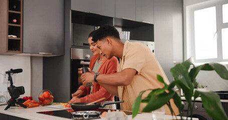 Poster - Cooking, vlogging and couple in kitchen with camera for live streaming, content creation and diet advice. Healthy food, influencer man and woman in home for broadcast, photography and online tutorial