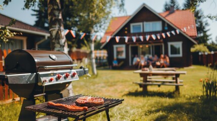 Backyard barbecue with sausages on grill, 4th of July, family gathering on house porch, festive bunting flags, summer day.