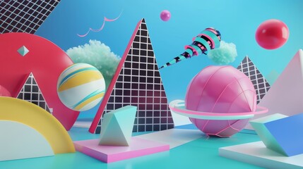 Poster - Abstract geometric sculptures in a cosmic setting d style isolated flying objects memphis style d render   AI generated illustration