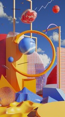Poster - Abstract geometric shapes in a digital landscape d style isolated flying objects memphis style d render   AI generated illustration