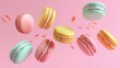 An assortment of macarons in bright colors d style isolated flying objects memphis style d render   AI generated illustration