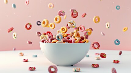 Wall Mural - An overflowing bowl of fruity cereal loops d style isolated flying objects memphis style d render   AI generated illustration
