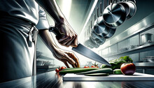 image of chef's hands In a professional kitchen holding knife about slicing vegetables