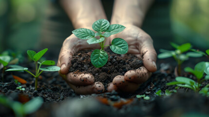 Wall Mural - Teamwork and growth with plants in the hands of a group or team of eco people for agriculture and collaboration in a green business. Diverse people holding growing sprouts in a startup company.