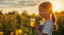 A child holding a jar of biofuel with a field of crops visible in the background. The text reads Harnessing the power of nature for a greener tomorrow. .