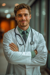 Poster - A smiling man in a white lab coat with a stethoscope around his neck