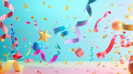 Fototapete - Bright party streamers in a 3D style 3D style isolated flying objects memphis style 3D render   AI generated illustration