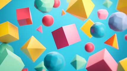 Wall Mural - Colorful geometric shapes floating in space 3D style isolated flying objects memphis style 3D render   AI generated illustration
