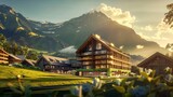 Fototapeta Uliczki - a visualisation of a single mountain resort main hotel building, luxurious, green mountains, modern chalet style