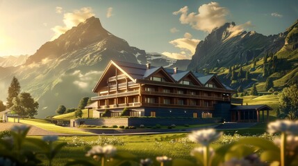 Wall Mural - a visualisation of a single mountain resort main hotel building, luxurious, green mountains, modern chalet style