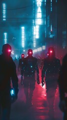 Poster - Cybernetically enhanced individuals walk amongst the crowd their glowing implants shining in the darkness  AI generated illustration