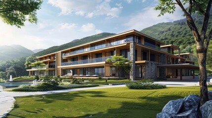 Poster - an architectural visualisation of a golf resort main hotel building, luxurious, modern, green mountains in background