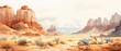 beautiful water color painting in style of southwestern art with buttes and bluffs with many teeth on ground on white background