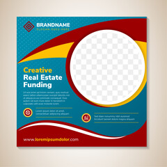 Poster - creative real estate funding banner design template with square layout. dot circle halftone pattern in white. combination blue, red and yellow colors. space for photo and text.