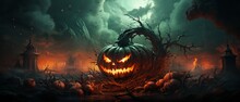 Dark Daemon Pumpkin In A Scene Of Haunted Halloween, Impact Colors Green And Red Background Spooky