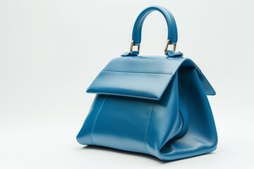 Wall Mural - A blue purse with a gold handle sits on a white background. Business fashion concept