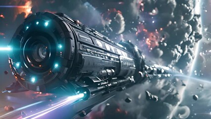Wall Mural - Interstellar Space Train Traveling Through Asteroid Belt with Ai generated.
