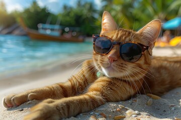 Wall Mural - A cat wearing sunglasses is laying on the beach. Summer heat concept