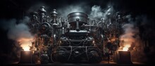 Dieselpunk Complex Engine With Many Glowing And Moving Parts That Fills A Dark Industrial Room