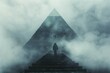 A man is walking up a long flight of stairs in front of a pyramid. Business concept, background