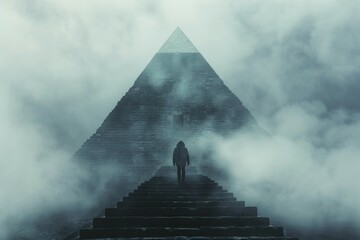 Wall Mural - A man is walking up a long flight of stairs in front of a pyramid. Business concept, background