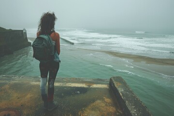 Canvas Print - A woman stands on a ledge overlooking the ocean with a backpack on her back. Ruined vacation, bad weather