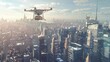 Transport delivery drone aerial view. Cityscape is filled with towering skyscrapers, creating a dense urban environment. The buildings are closely packed together, showcasing the bustling nature of