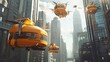 Group of Futuristic drones transporting people flying over a bustling city, with buildings and streets visible below. The helicopters are in motion, leaving behind a trail of movement in the sky.