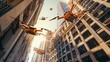 Surreal futuristic group of drone in city flying through the air in close proximity to towering buildings. The individuals appear to be soaring effortlessly amidst the urban landscape.