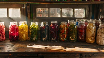 Wall Mural - Colorful pickle jar on wooden table Some jars hold bright red pickled beets, others shimmer with golden sauerkraut, and a few showcase vibrant green jalapenos. Sunlight streams through the window.