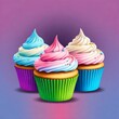 Illustration of three cupcakes with rainbow frosting pastel background