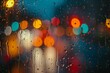 Raindrops on glass with city lights at night