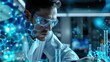 Focused man wearing safety glasses concentrates on work in modern lab with blue lighting and scientific imagery overlay