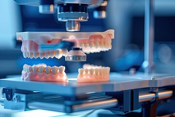 3D printing dental prostheses process in a lab, light colors, realistic illustration made with Generative Ai