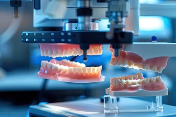 3D printing dental prostheses process in a lab, light colors, realistic illustration made with Generative Ai