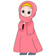 A beautiful Muslim girl wearing a red hijab is standing with a happy face